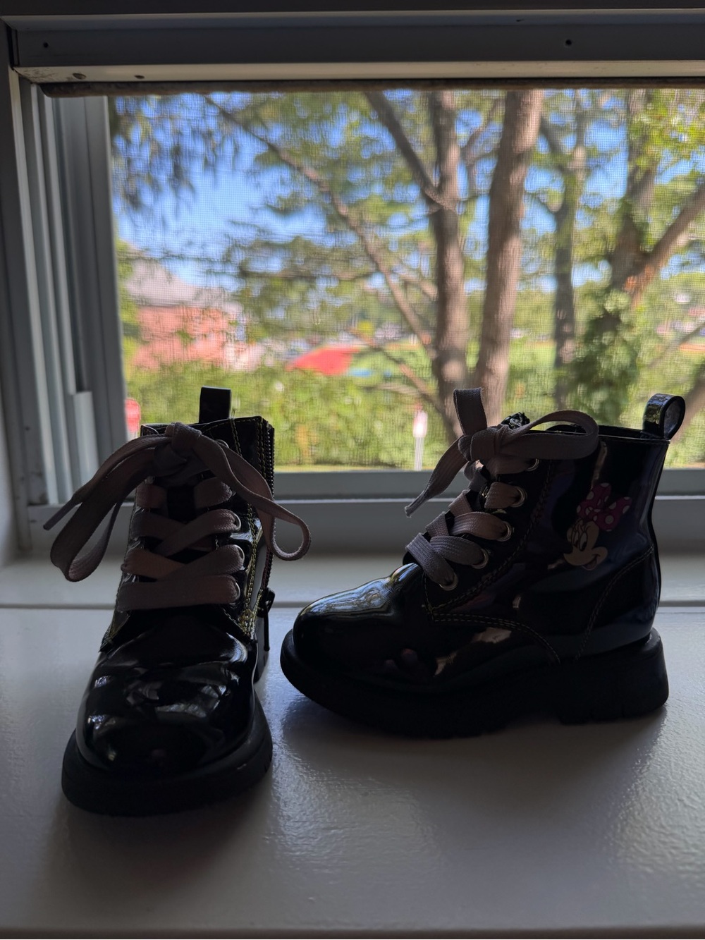 GAP Black Patent Kids Boots with Pink Laces and Minnie Accent